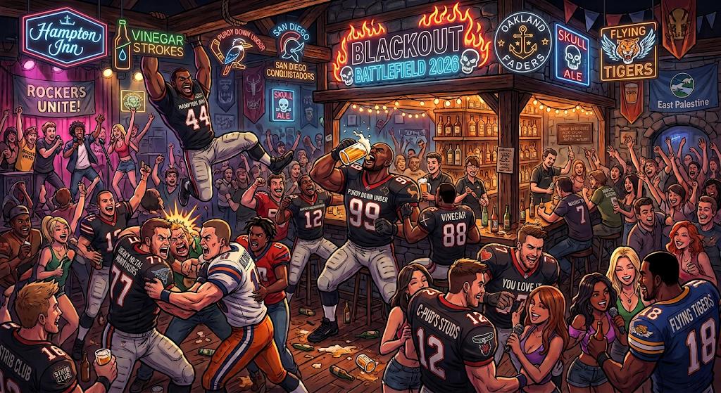 Illustrated Blackout Battlefield 2026 bar scene with rival fantasy football teams celebrating
