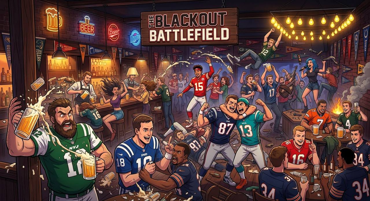 Colorful cartoon of a chaotic fantasy football bar brawl, with rival team fans celebrating, throwing punches, and spilling beer